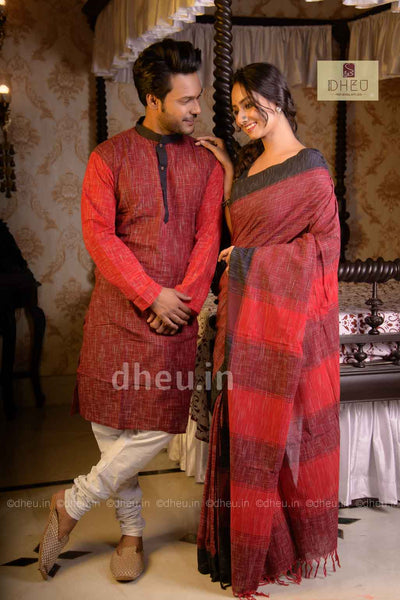 Handloom Pure Cotton Jharna-Khadi Saree-Kurta Couple Set - Boutique Dheu