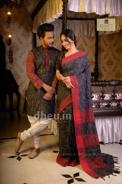 Handloom Pure Cotton Jharna-Khadi Saree-Kurta Couple Set - Boutique Dheu