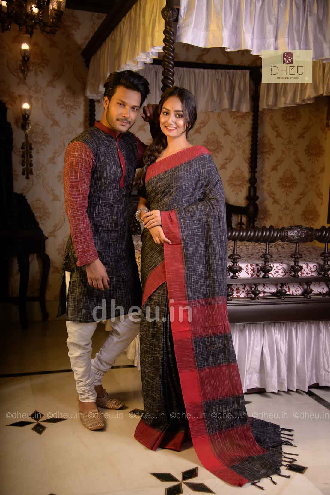 Handloom Pure Cotton Jharna-Khadi Saree-Kurta Couple Set - Boutique Dheu