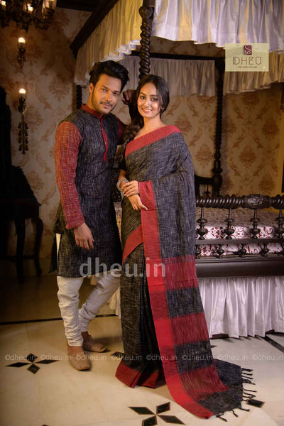 Handloom Pure Cotton Jharna-Khadi Saree-Kurta Couple Set - Boutique Dheu