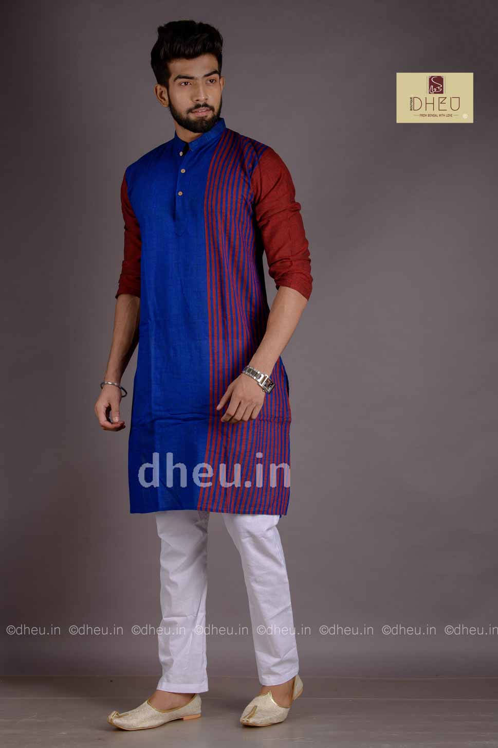 Bold Blue-Handloom Pure Cotton Saree-Kurta Couple Set - Boutique Dheu