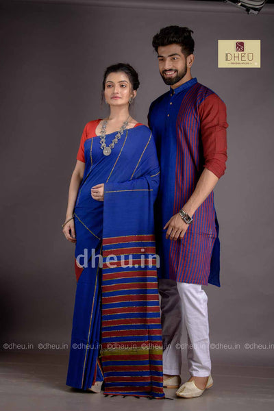 Bold Blue-Handloom Pure Cotton Saree-Kurta Couple Set - Boutique Dheu
