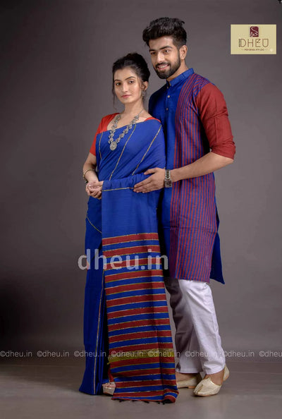Bold Blue-Handloom Pure Cotton Saree-Kurta Couple Set - Boutique Dheu