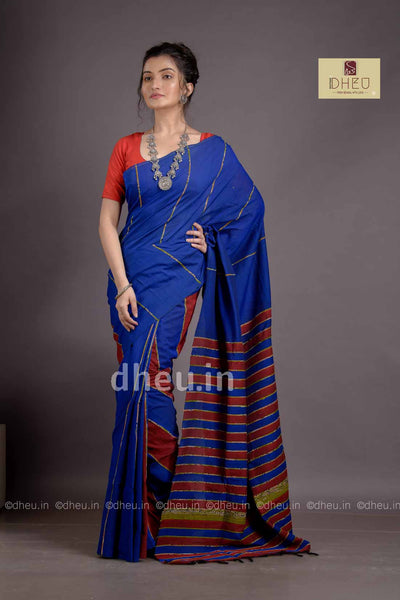 Bold Blue-Handloom Pure Cotton Saree-Kurta Couple Set - Boutique Dheu