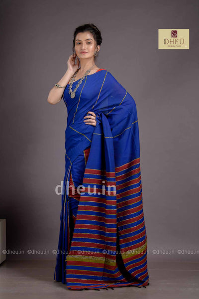 Bold Blue-Handloom Pure Cotton Saree-Kurta Couple Set - Boutique Dheu