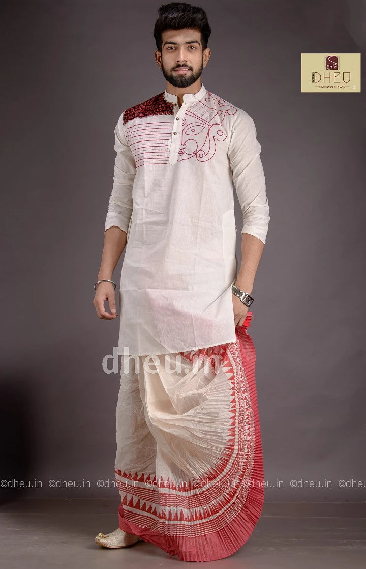 Classic red and white kurta with red & white designer dhoti from dheu.in