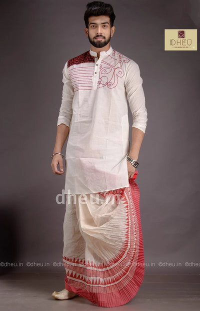 Classic red and white kurta with red & white designer dhoti from dheu.in