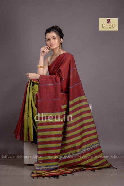 Maroon-Green- Handloom Pure Cotton Saree-Kurta Couple Set - Boutique Dheu