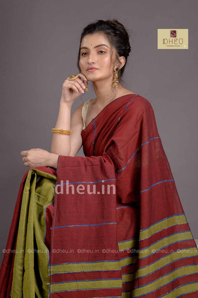 Maroon-Green- Handloom Pure Cotton Saree-Kurta Couple Set - Boutique Dheu