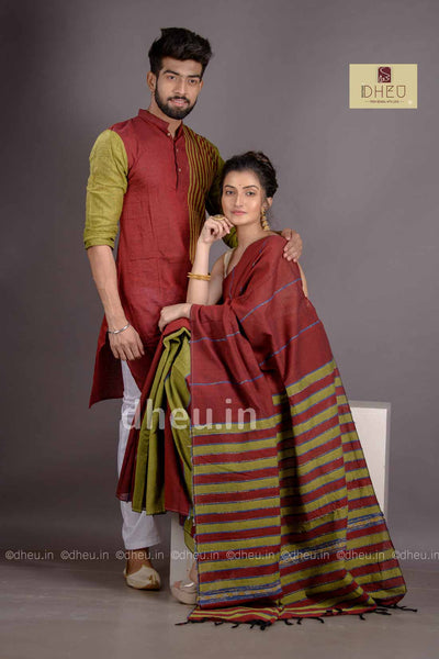 Maroon-Green- Handloom Pure Cotton Saree-Kurta Couple Set - Boutique Dheu