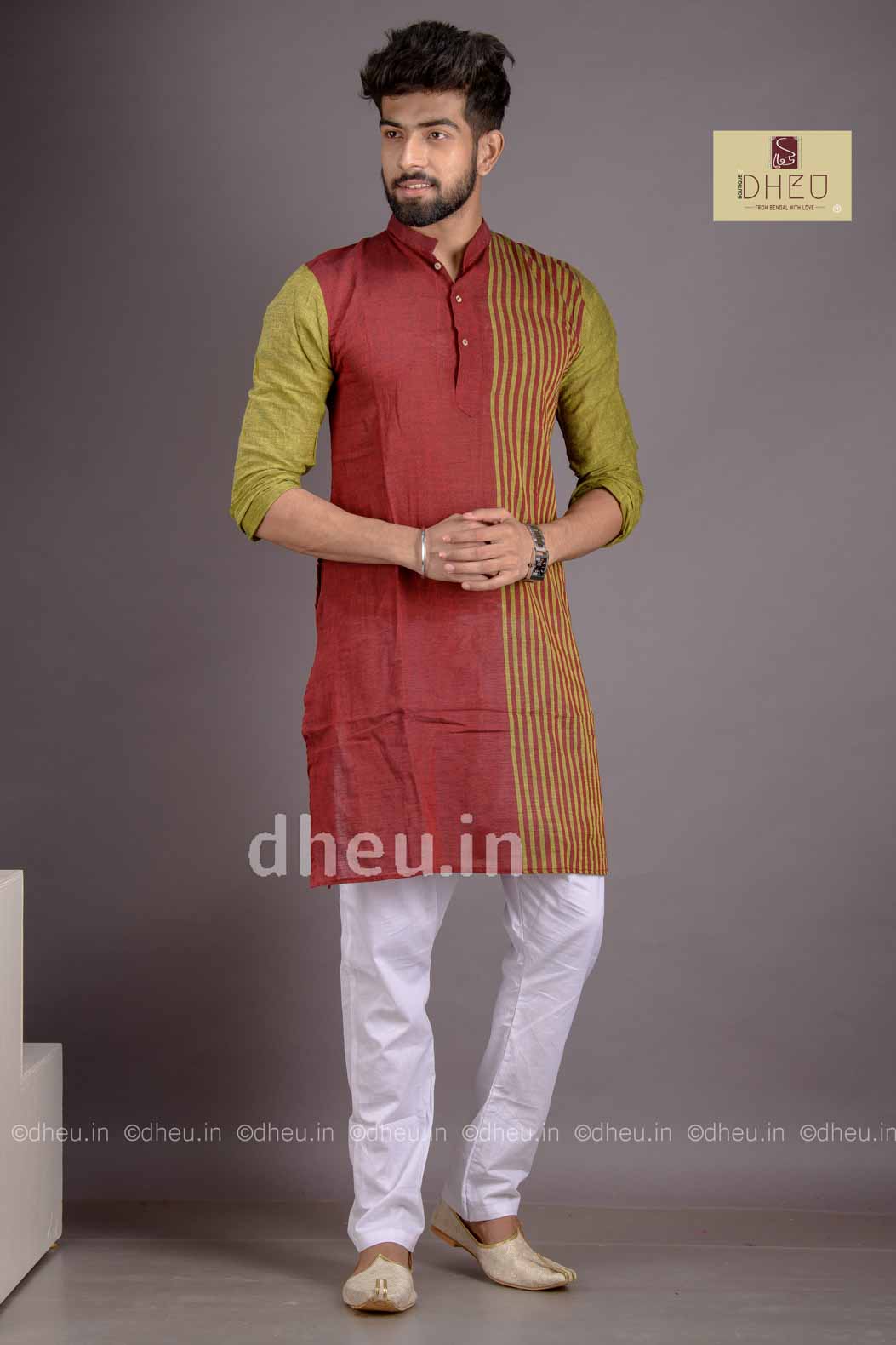 Maroon-Green- Handloom Pure Cotton Saree-Kurta Couple Set - Boutique Dheu