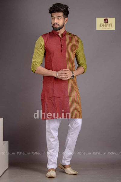 Maroon-Green- Handloom Pure Cotton Saree-Kurta Couple Set - Boutique Dheu