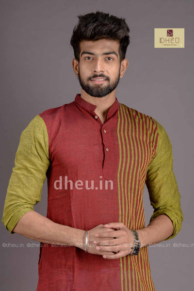 Maroon-Green- Handloom Pure Cotton Saree-Kurta Couple Set - Boutique Dheu