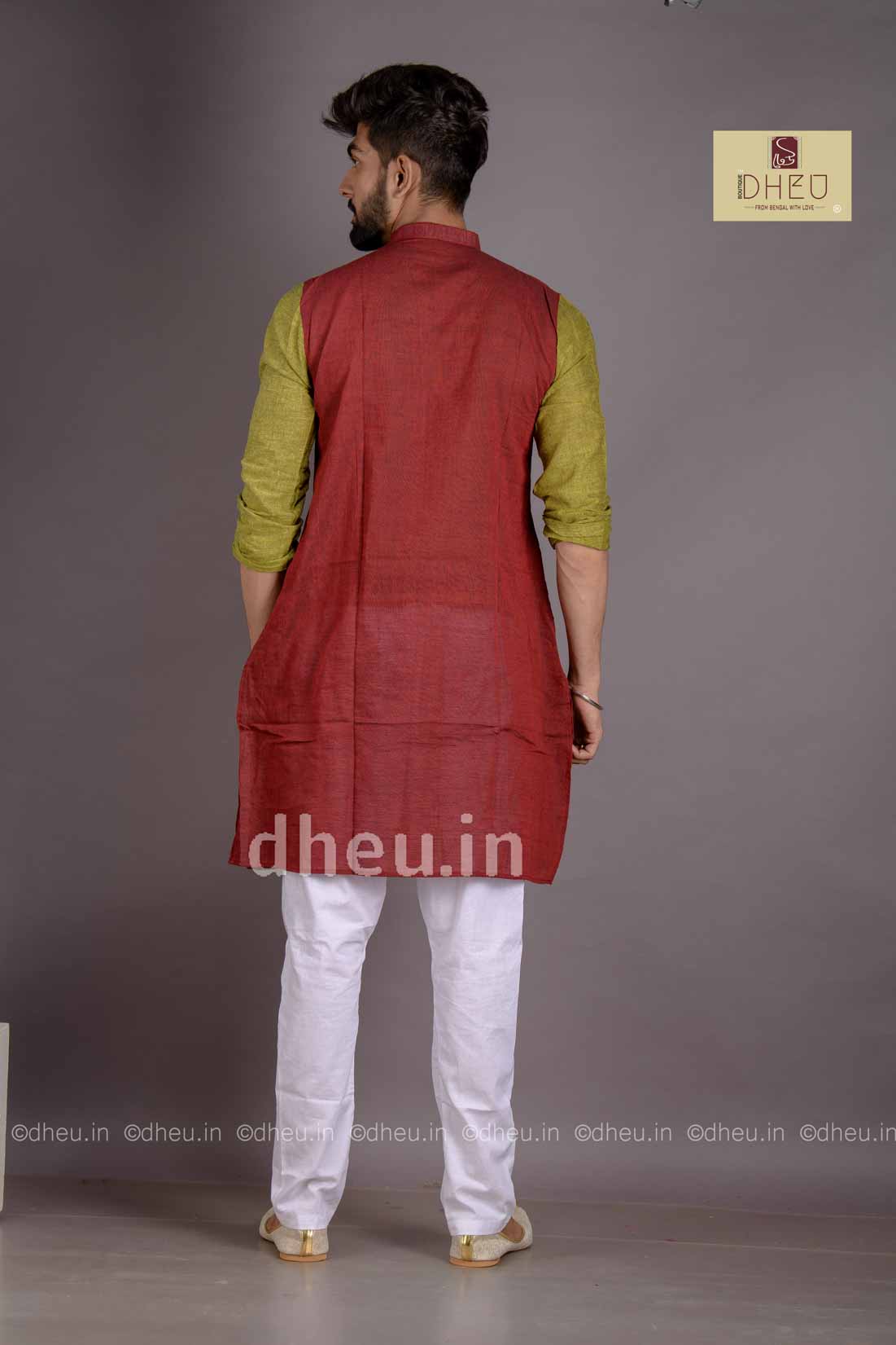 Maroon-Green- Handloom Pure Cotton Saree-Kurta Couple Set - Boutique Dheu