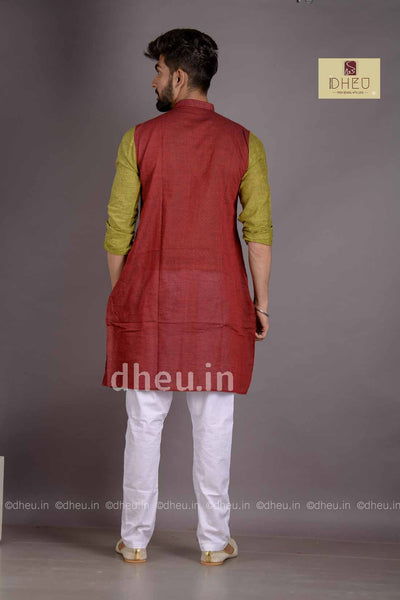 Maroon-Green- Handloom Pure Cotton Saree-Kurta Couple Set - Boutique Dheu