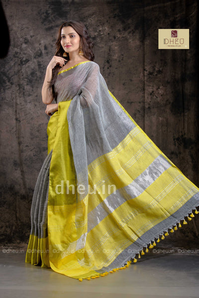 Yellow-Grey Mahapar - Linen Saree - Boutique Dheu