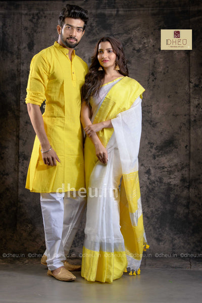 Handloom Linen Saree-Kurta Couple Set - Boutique Dheu