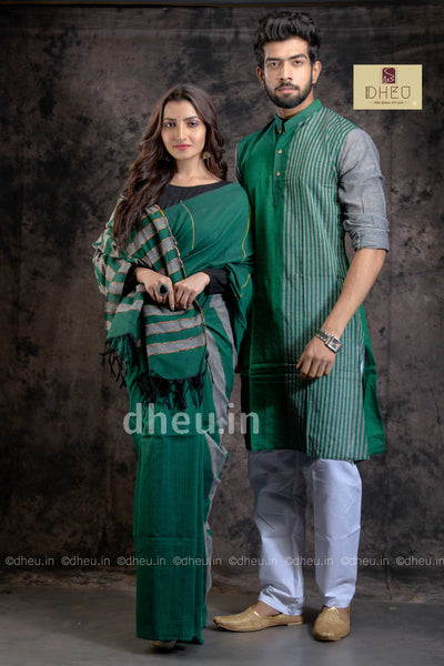Gamble Green - Handloom Pure Cotton Saree-Kurta Couple Set - Boutique Dheu