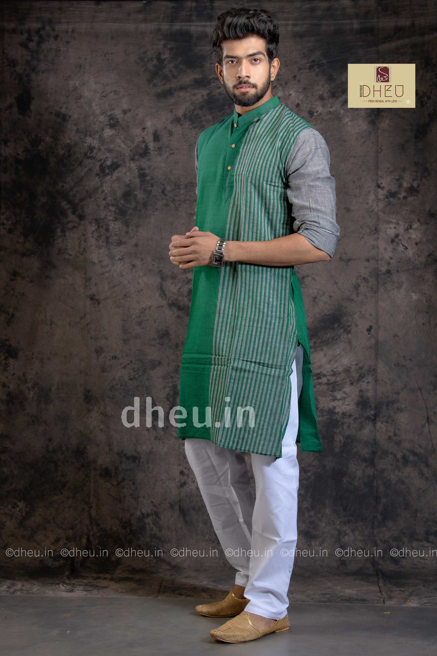 Gamble Green - Handloom Pure Cotton Saree-Kurta Couple Set - Boutique Dheu