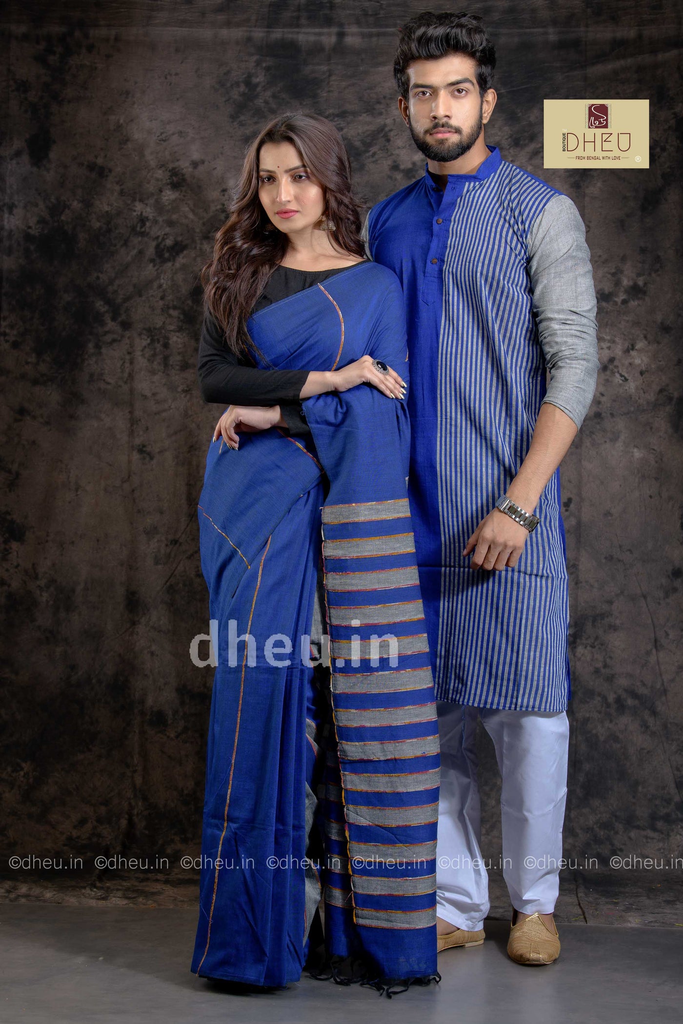 Bliussful Blue-Handloom Pure Cotton Saree-Kurta Couple Set - Boutique Dheu