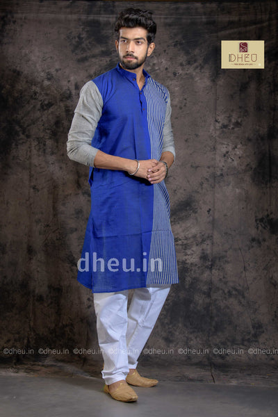 Bliussful Blue-Handloom Pure Cotton Saree-Kurta Couple Set - Boutique Dheu
