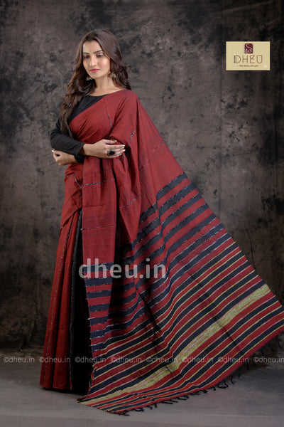 Misterious Maroon-Handloom Pure Cotton Saree-Kurta Couple Set - Boutique Dheu