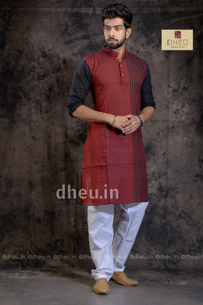 Misterious Maroon-Handloom Pure Cotton Saree-Kurta Couple Set - Boutique Dheu