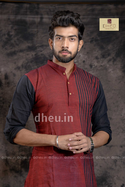 Misterious Maroon-Handloom Pure Cotton Saree-Kurta Couple Set - Boutique Dheu