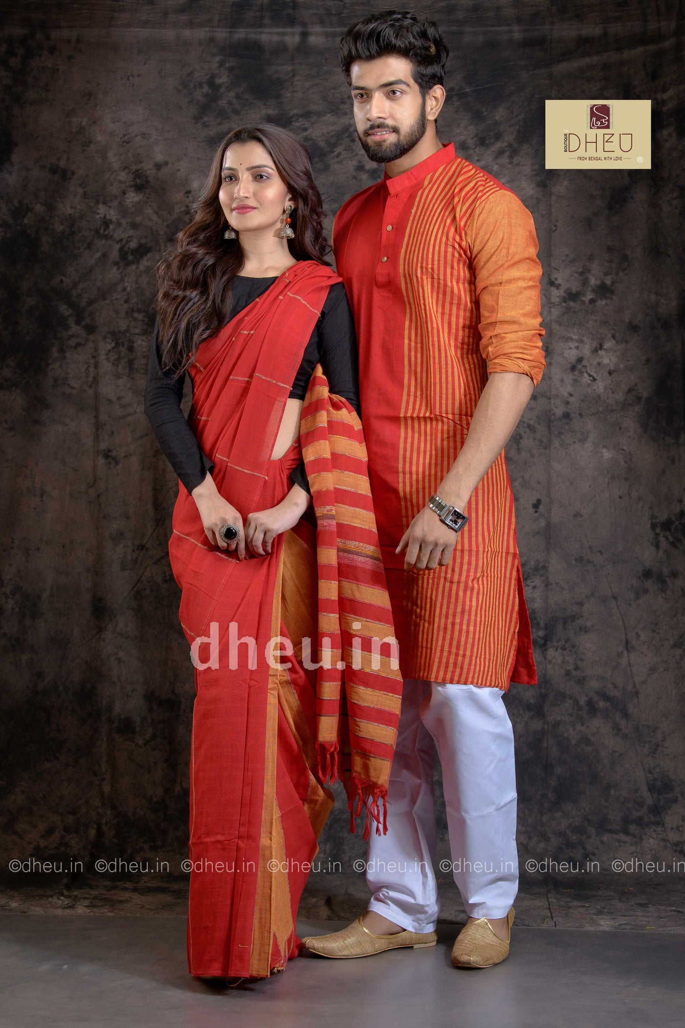 Radical Red-Handloom Pure Cotton Saree-Kurta Couple Set - Boutique Dheu
