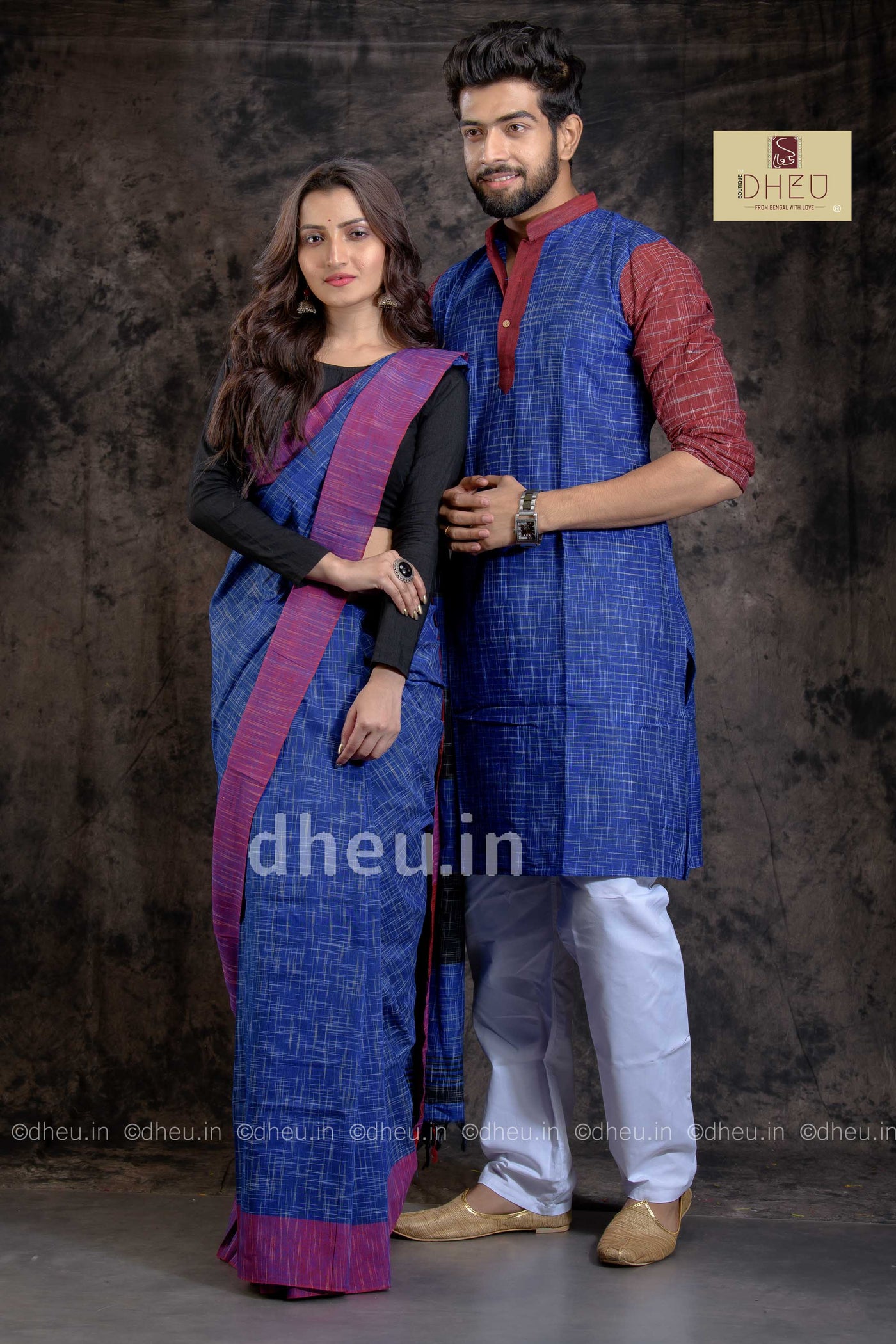 Handloom Pure Cotton Jharna-Khadi Saree-Kurta Couple Set - Boutique Dheu