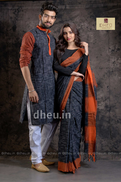 Handloom Pure Cotton Jharna-Khadi Saree-Kurta Couple Set - Boutique Dheu