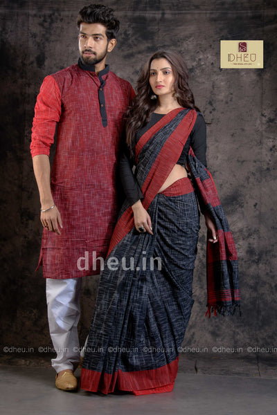 Handloom Pure Cotton Jharna-Khadi Saree-Kurta Couple Set - Boutique Dheu