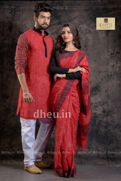 Handloom Pure Cotton Jharna-Khadi Saree-Kurta Couple Set - Boutique Dheu