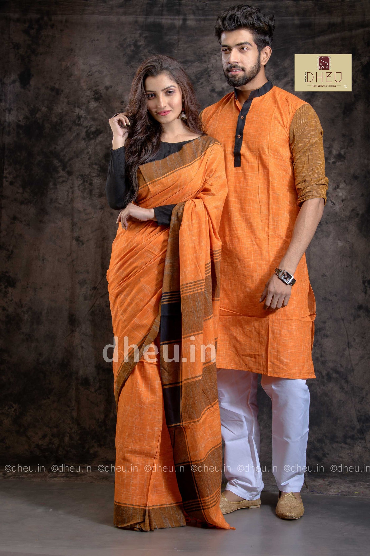 Handloom Pure Cotton Jharna-Khadi Saree-Kurta Couple Set - Boutique Dheu