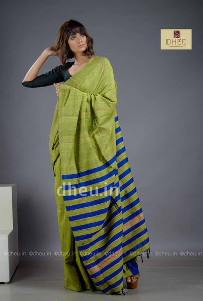 Green-Blue- Handloom Pure Cotton Saree-Kurta Couple Set - Boutique Dheu