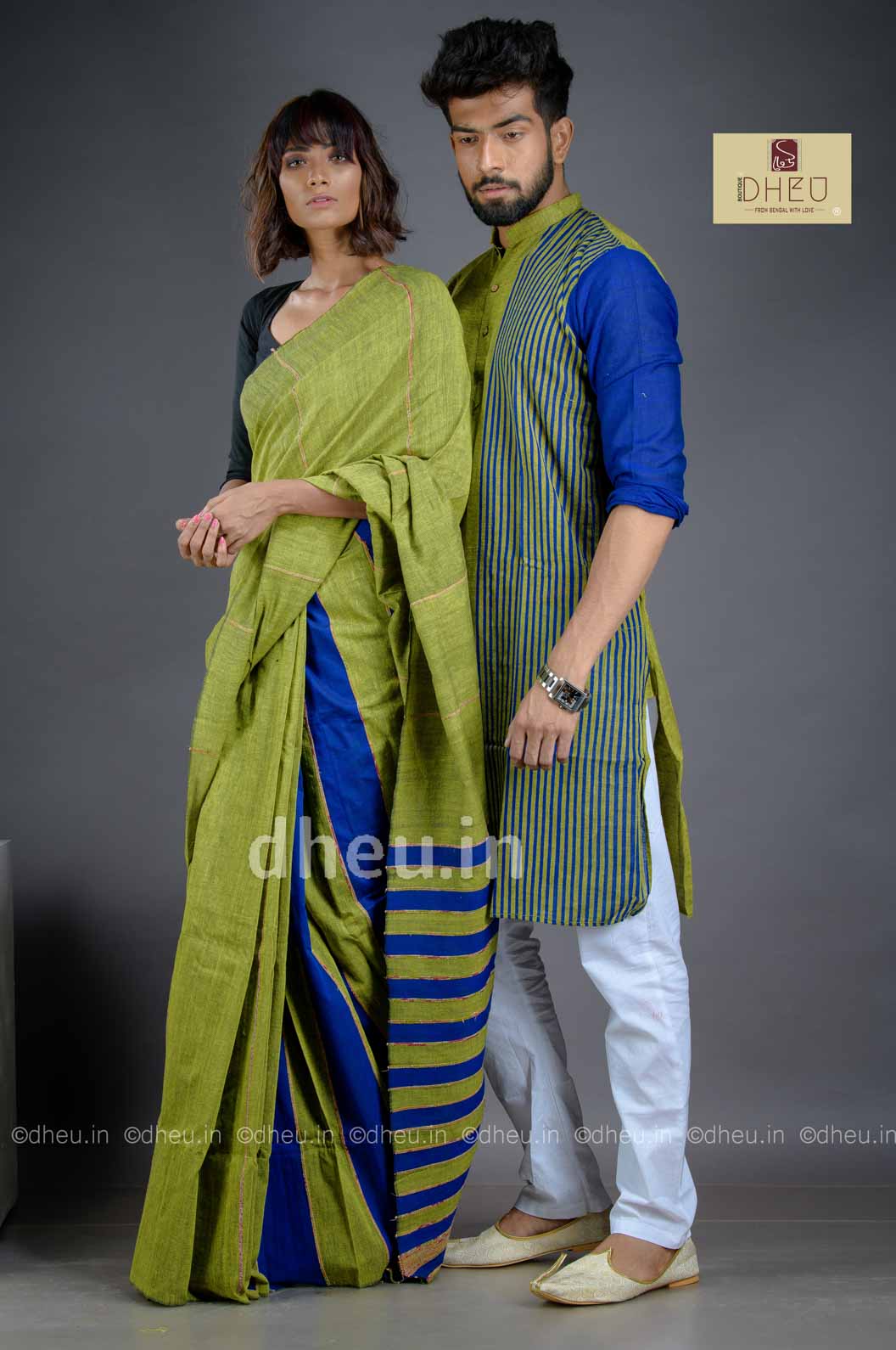Green-Blue- Handloom Pure Cotton Saree-Kurta Couple Set - Boutique Dheu