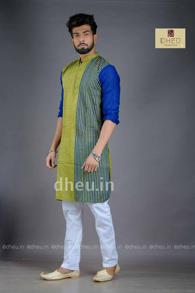 Green-Blue- Handloom Pure Cotton Saree-Kurta Couple Set - Boutique Dheu