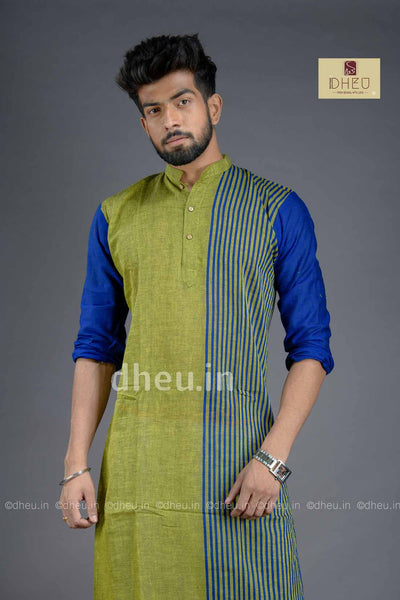 Green-Blue- Handloom Pure Cotton Saree-Kurta Couple Set - Boutique Dheu