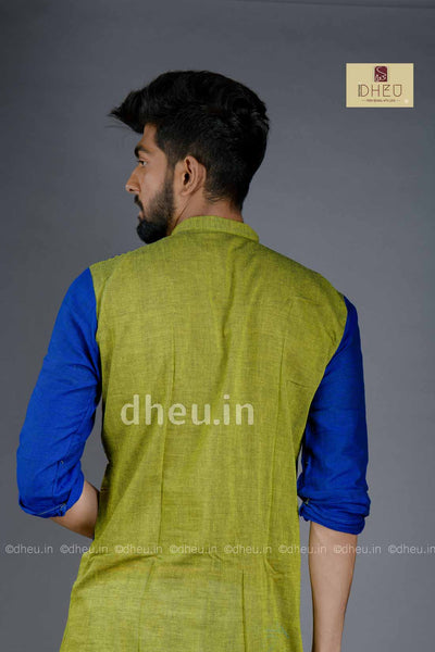Green-Blue- Handloom Pure Cotton Saree-Kurta Couple Set - Boutique Dheu