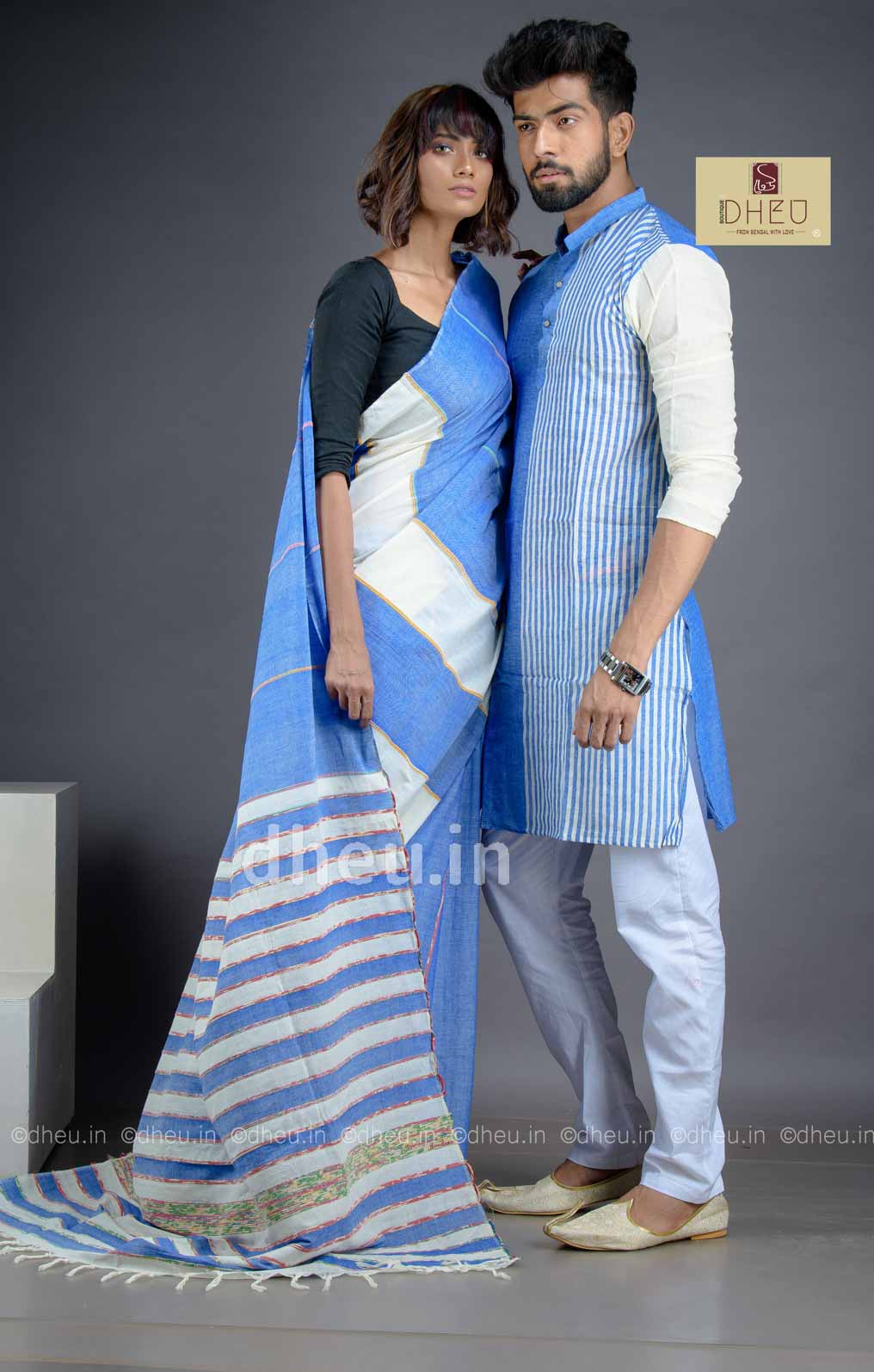 Handloom Pure Cotton Saree-Kurta Couple Set - Boutique Dheu