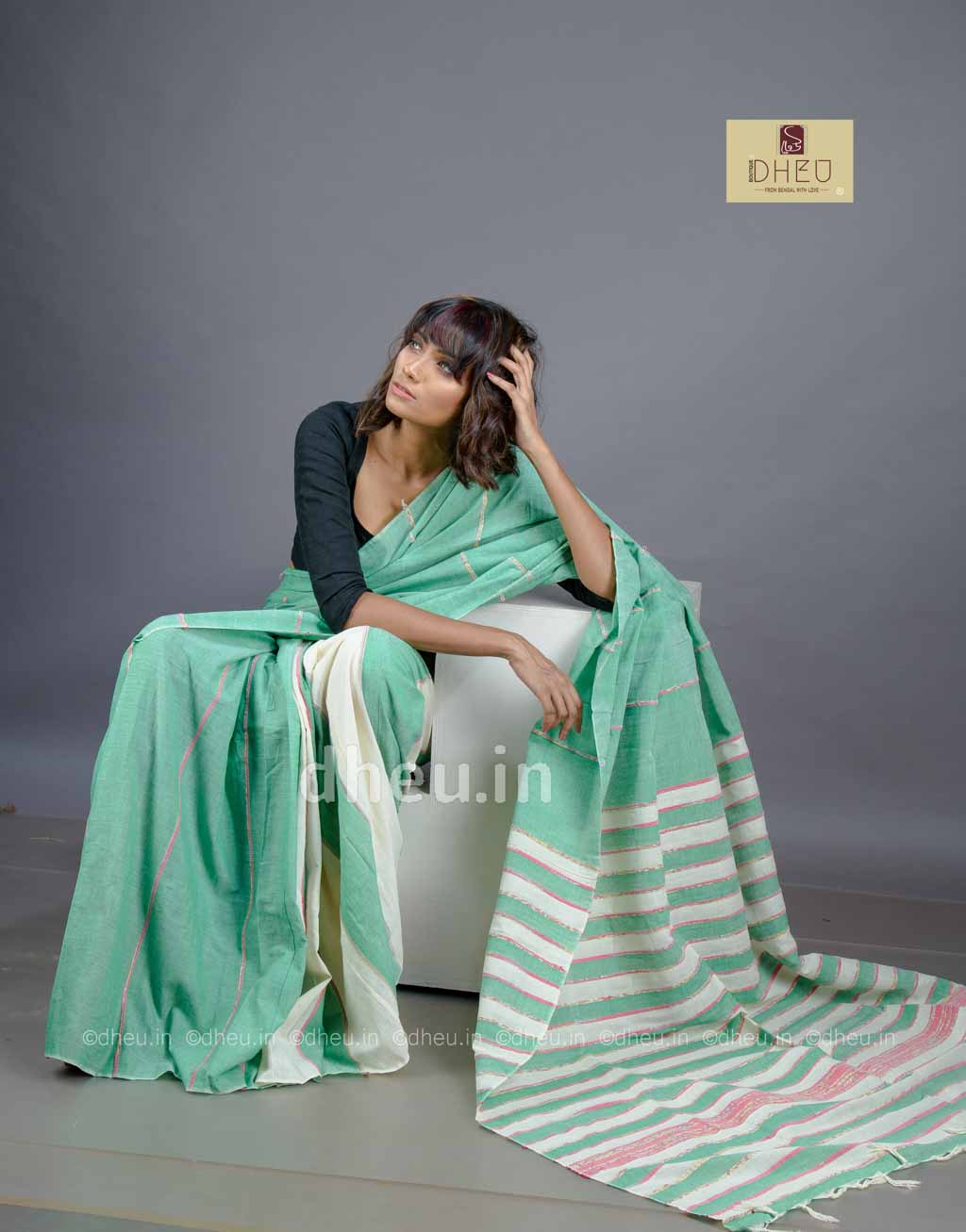 Olive Green- Handloom Pure Cotton Saree-Kurta Couple Set - Boutique Dheu