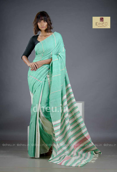 Olive Green- Handloom Pure Cotton Saree-Kurta Couple Set - Boutique Dheu