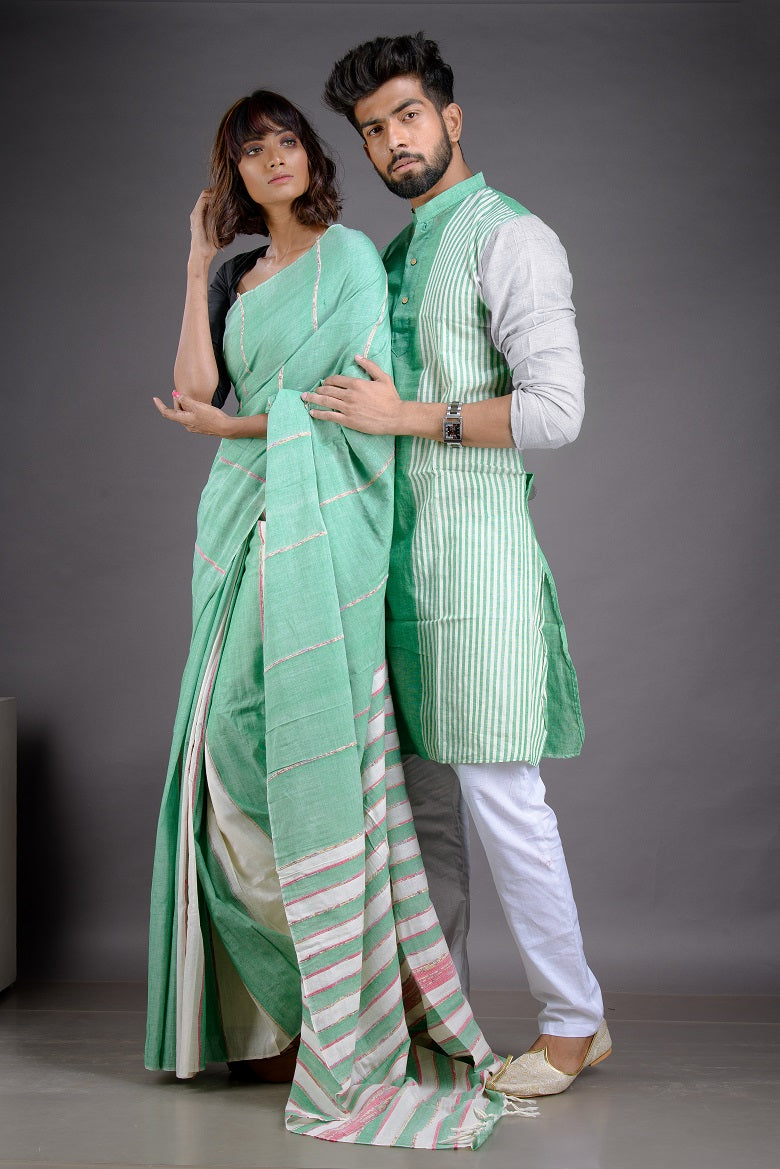 Olive Green- Handloom Pure Cotton Saree-Kurta Couple Set - Boutique Dheu