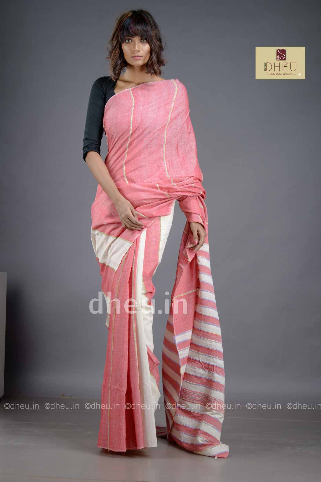 Rose Pink- Handloom Pure Cotton Saree-Kurta Couple Set - Boutique Dheu