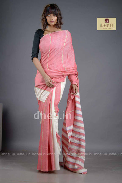 Rose Pink- Handloom Pure Cotton Saree-Kurta Couple Set - Boutique Dheu