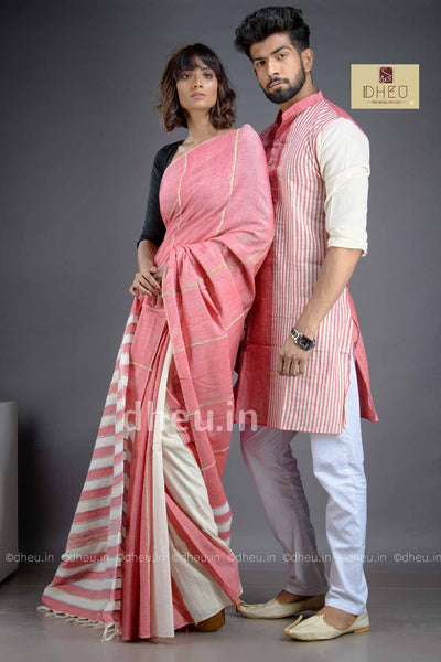 Rose Pink- Handloom Pure Cotton Saree-Kurta Couple Set - Boutique Dheu