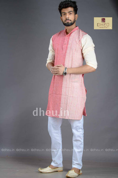 Rose Pink- Handloom Pure Cotton Saree-Kurta Couple Set - Boutique Dheu