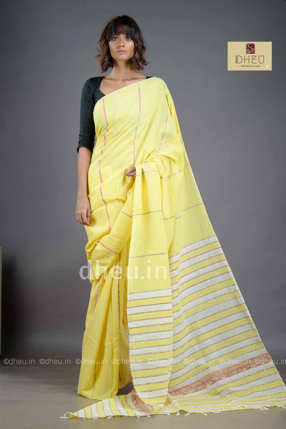 Yummy Yellow- Handloom Pure Cotton Saree-Kurta Couple Set - Boutique Dheu