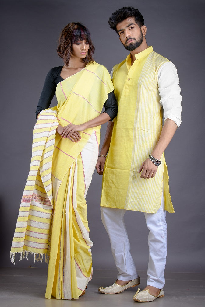 Yummy Yellow- Handloom Pure Cotton Saree-Kurta Couple Set - Boutique Dheu