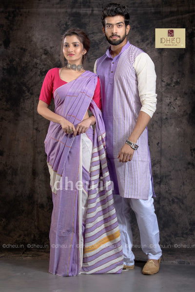 Pulpy Purple-Handloom Pure Cotton Saree-Kurta Couple Set - Boutique Dheu